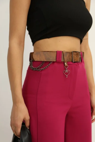 Aksesuar Ve Kemer Detaylı Palazzo Kumaş Pantolon 6115-Fuşya