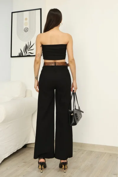 Aksesuar Ve Kemer Detaylı Palazzo Kumaş Pantolon 6115-Siyah