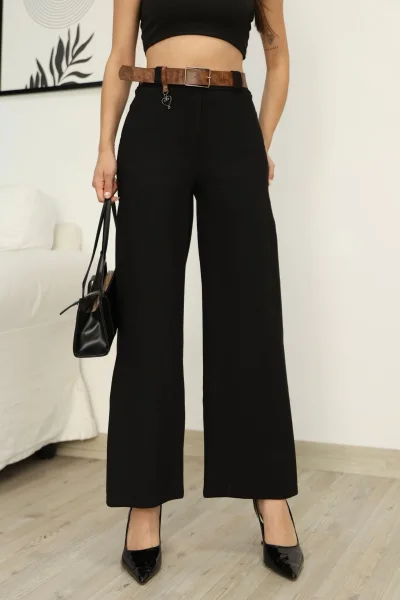 Aksesuar Ve Kemer Detaylı Palazzo Kumaş Pantolon 6115-Siyah