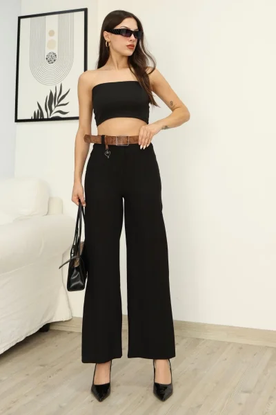 Aksesuar Ve Kemer Detaylı Palazzo Kumaş Pantolon 6115-Siyah