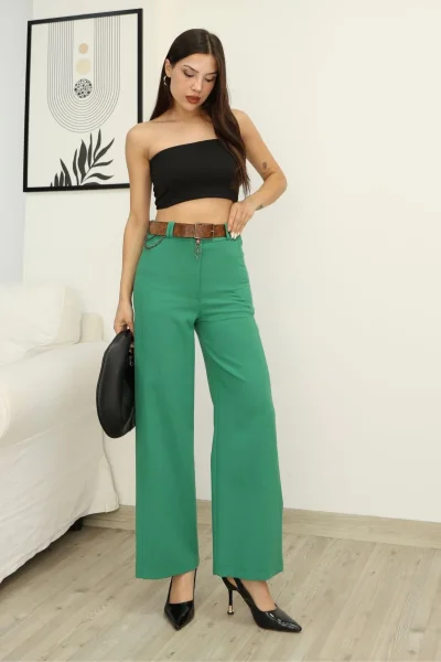 Aksesuar Ve Kemer Detaylı Palazzo Kumaş Pantolon 6115-Yeşil