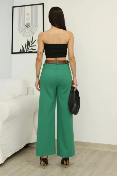 Aksesuar Ve Kemer Detaylı Palazzo Kumaş Pantolon 6115-Yeşil