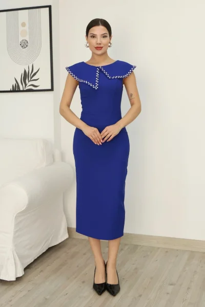 Aller Yaka Taş İşleme Detaylı Midi Elbise 2339-Saks