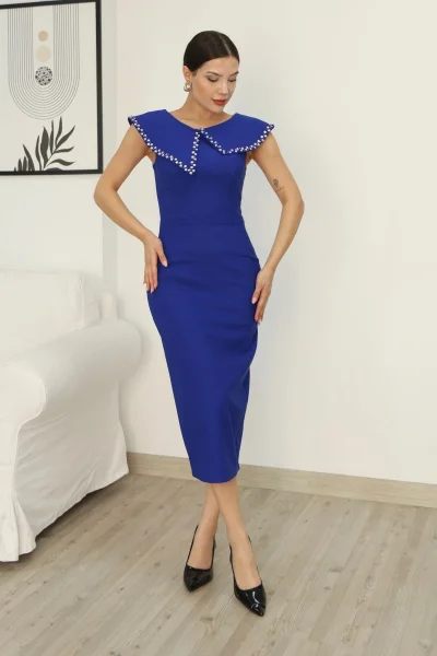 Aller Yaka Taş İşleme Detaylı Midi Elbise 2339-Saks