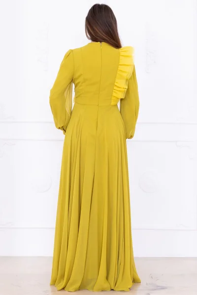 Asimetrik Fırfır Detaylı Şifon Abiye Elbise 2722-Yağ Yeşili