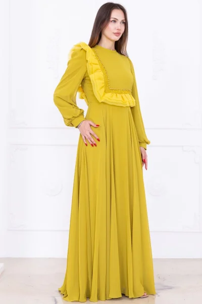 Asimetrik Fırfır Detaylı Şifon Abiye Elbise 2722-Yağ Yeşili