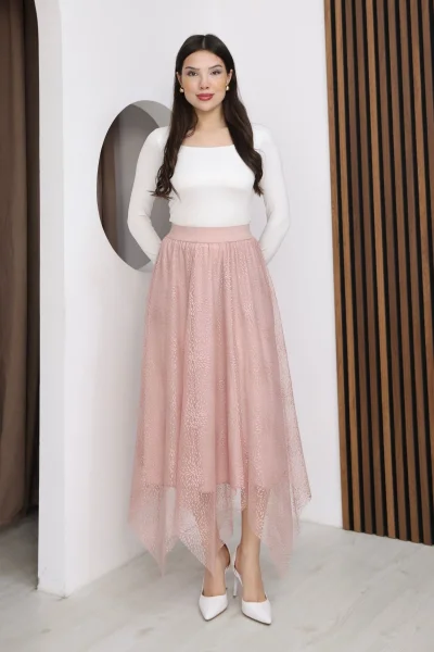 Asimetrik Kesim Lastikli Dantel Etek 6002E-Pudra