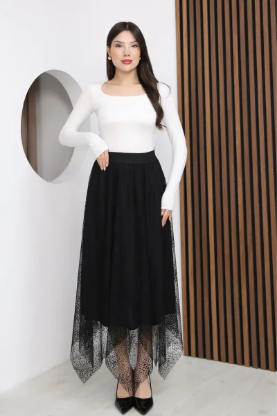 Asimetrik Kesim Lastikli Dantel Etek 6002E-Siyah