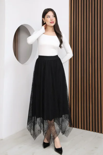 Asimetrik Kesim Lastikli Dantel Etek 6002E-Siyah