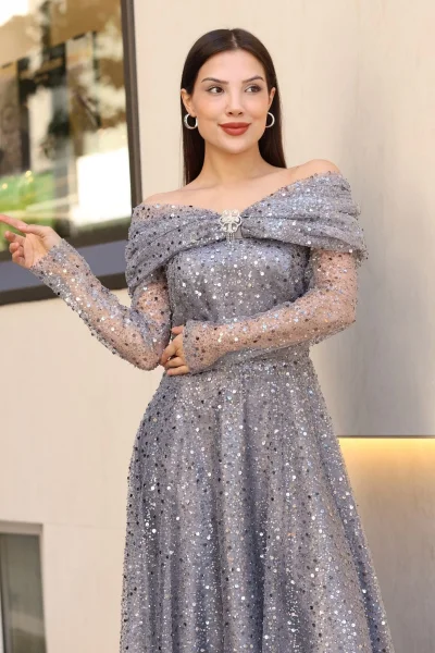 Aşkın Büyüsü Abiye Elbise 6054-Gri