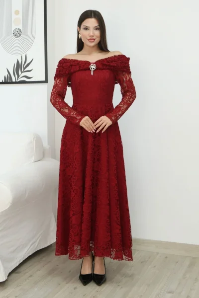 Aşkın Büyüsü Dantel Abiye Elbise 6055-Bordo