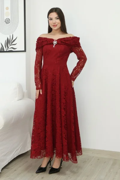 Aşkın Büyüsü Dantel Abiye Elbise 6055-Bordo