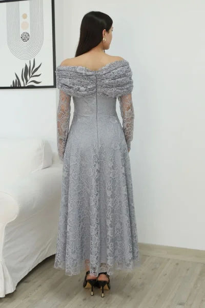 Aşkın Büyüsü Dantel Abiye Elbise 6055-Gri