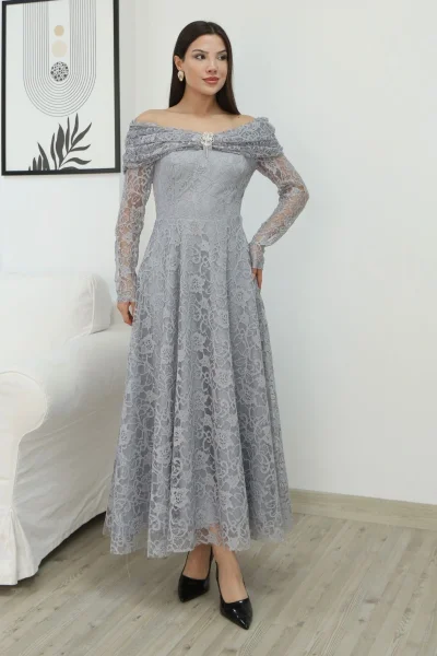 Aşkın Büyüsü Dantel Abiye Elbise 6055-Gri