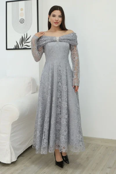 Aşkın Büyüsü Dantel Abiye Elbise 6055-Gri