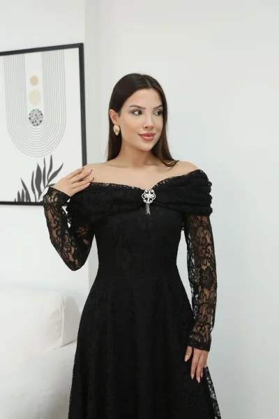 Aşkın Büyüsü Dantel Abiye Elbise 6055-Siyah