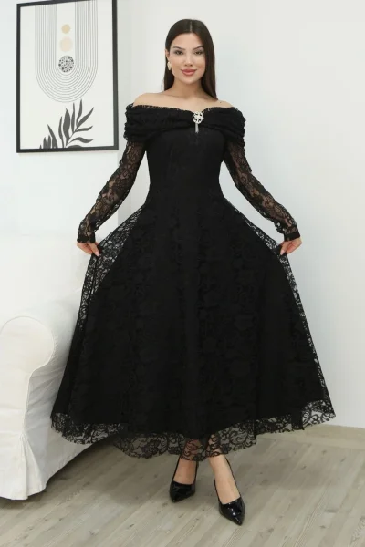 Aşkın Büyüsü Dantel Abiye Elbise 6055-Siyah
