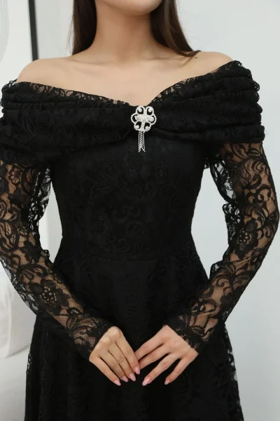 Aşkın Büyüsü Dantel Abiye Elbise 6055-Siyah