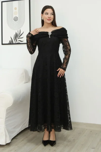 Aşkın Büyüsü Dantel Abiye Elbise 6055-Siyah