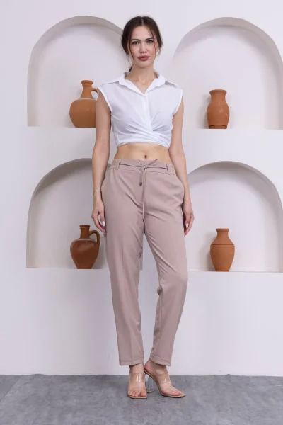 Bağlama Detaylı Beli Lastikli Kadın Kumaş Pantolon 326-Vizon