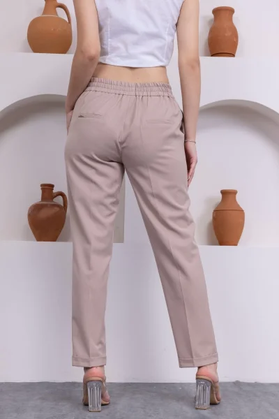 Bağlama Detaylı Beli Lastikli Kadın Kumaş Pantolon 326-Vizon