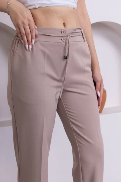 Bağlama Detaylı Beli Lastikli Kadın Kumaş Pantolon 326-Vizon