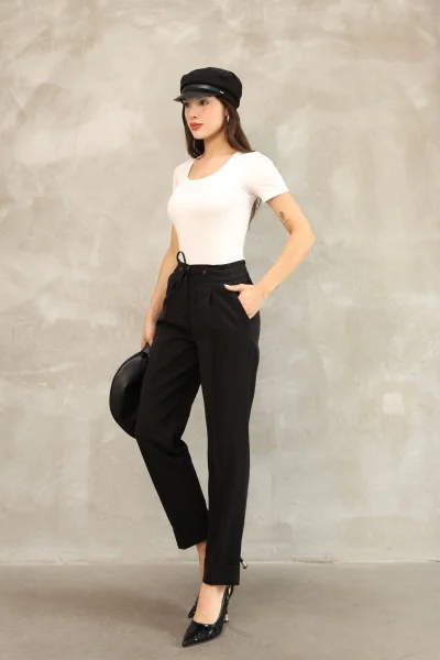 Bağlama Detaylı Beli Lastikli Kumaş Pantolon 6171-Siyah