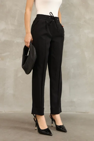 Bağlama Detaylı Beli Lastikli Kumaş Pantolon 6171-Siyah