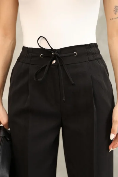 Bağlama Detaylı Beli Lastikli Kumaş Pantolon 6171-Siyah