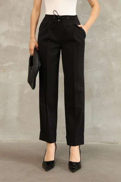 Bağlama Detaylı Beli Lastikli Kumaş Pantolon 6171-Siyah