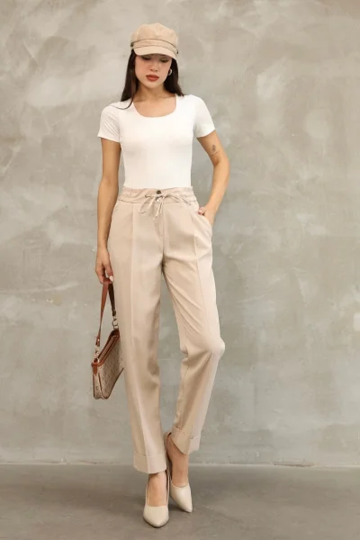 Bağlama Detaylı Beli Lastikli Kumaş Pantolon 6171-Vizon