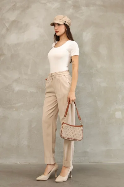 Bağlama Detaylı Beli Lastikli Kumaş Pantolon 6171-Vizon