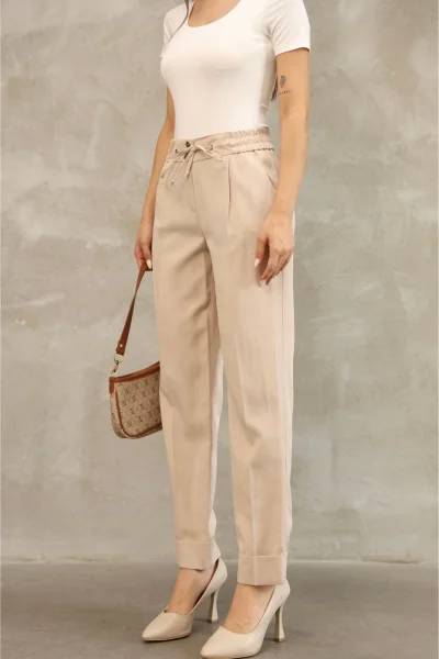 Bağlama Detaylı Beli Lastikli Kumaş Pantolon 6171-Vizon