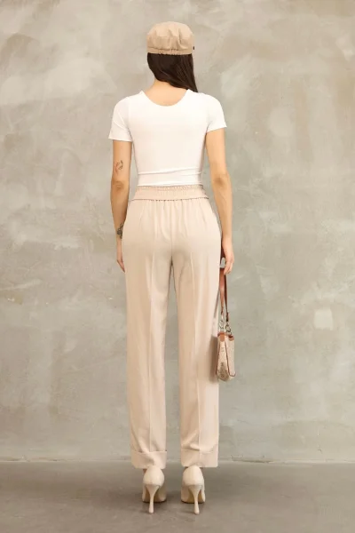 Bağlama Detaylı Beli Lastikli Kumaş Pantolon 6171-Vizon
