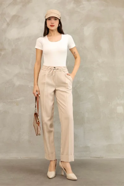 Bağlama Detaylı Beli Lastikli Kumaş Pantolon 6171-Vizon