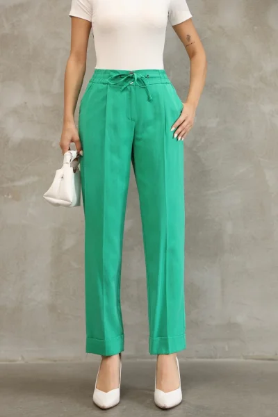 Bağlama Detaylı Beli Lastikli Kumaş Pantolon 6171-Yeşil