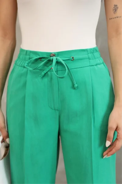 Bağlama Detaylı Beli Lastikli Kumaş Pantolon 6171-Yeşil