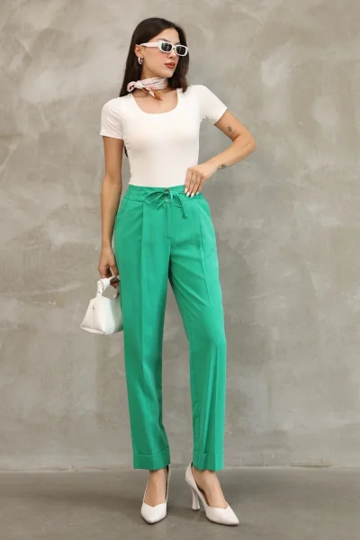 Bağlama Detaylı Beli Lastikli Kumaş Pantolon 6171-Yeşil