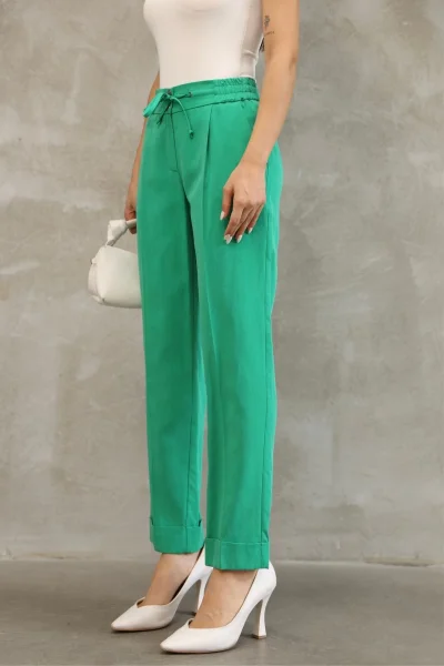 Bağlama Detaylı Beli Lastikli Kumaş Pantolon 6171-Yeşil