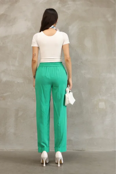 Bağlama Detaylı Beli Lastikli Kumaş Pantolon 6171-Yeşil