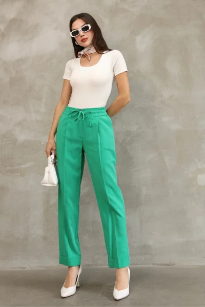 Bağlama Detaylı Beli Lastikli Kumaş Pantolon 6171-Yeşil