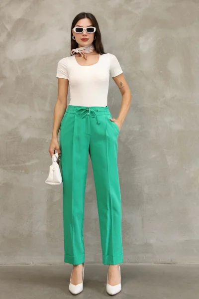 Bağlama Detaylı Beli Lastikli Kumaş Pantolon 6171-Yeşil