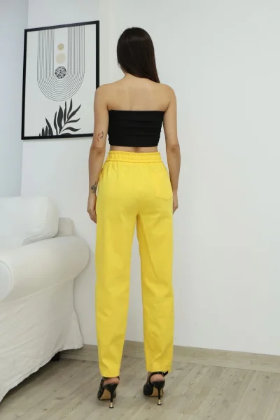 Bağlama Detaylı Beli Lastikli Pamuklu Kumaş Pantolon 6170-Sarı