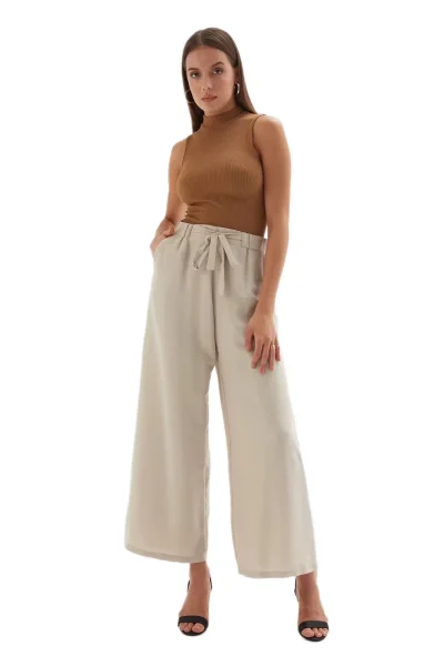 Bağlama Detaylı Bol Paça Pantolon 1012-Bej