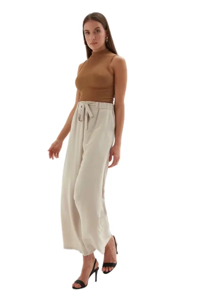 Bağlama Detaylı Bol Paça Pantolon 1012-Bej
