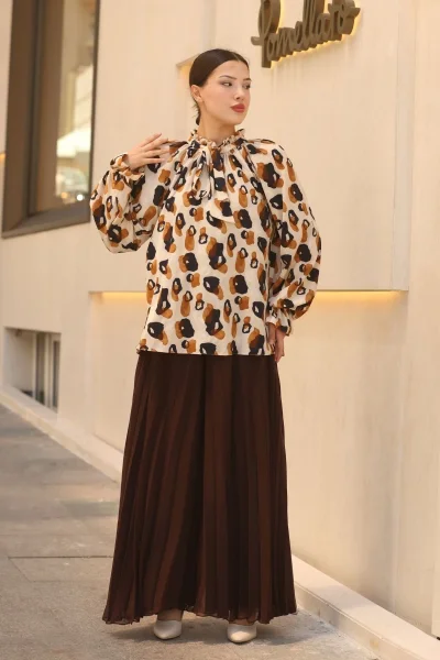 Bağlama Detaylı Büzgülü Bluz 6028-Bej/Kahverengi