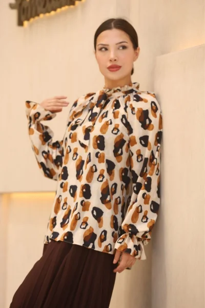 Bağlama Detaylı Büzgülü Bluz 6028-Bej/Kahverengi