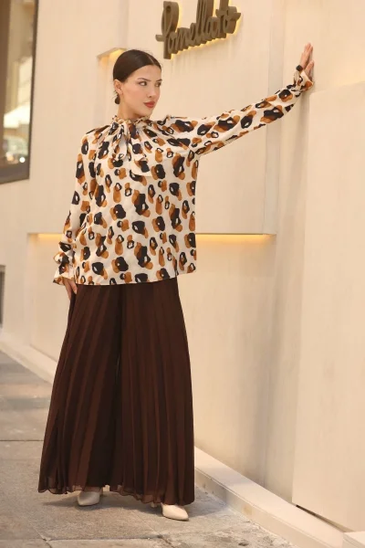 Bağlama Detaylı Büzgülü Bluz 6028-Bej/Kahverengi