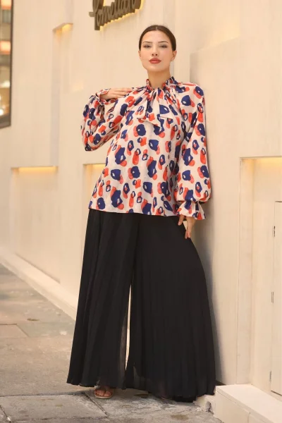 Bağlama Detaylı Büzgülü Bluz 6028-Bej/Lacivert