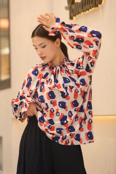 Bağlama Detaylı Büzgülü Bluz 6028-Bej/Lacivert